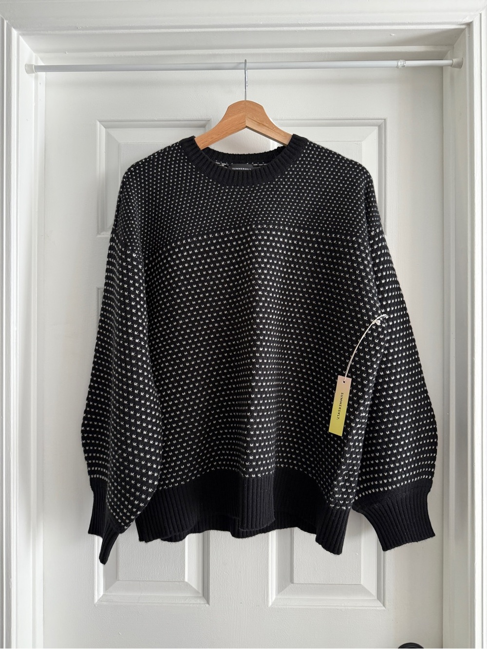 Summersalt Black Crewneck Sweater with White Dot Pattern - Wool & Cashmere